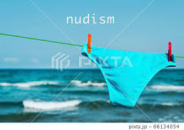 swimsuit hanging on a clothes line and word nudismの写真素材 ...